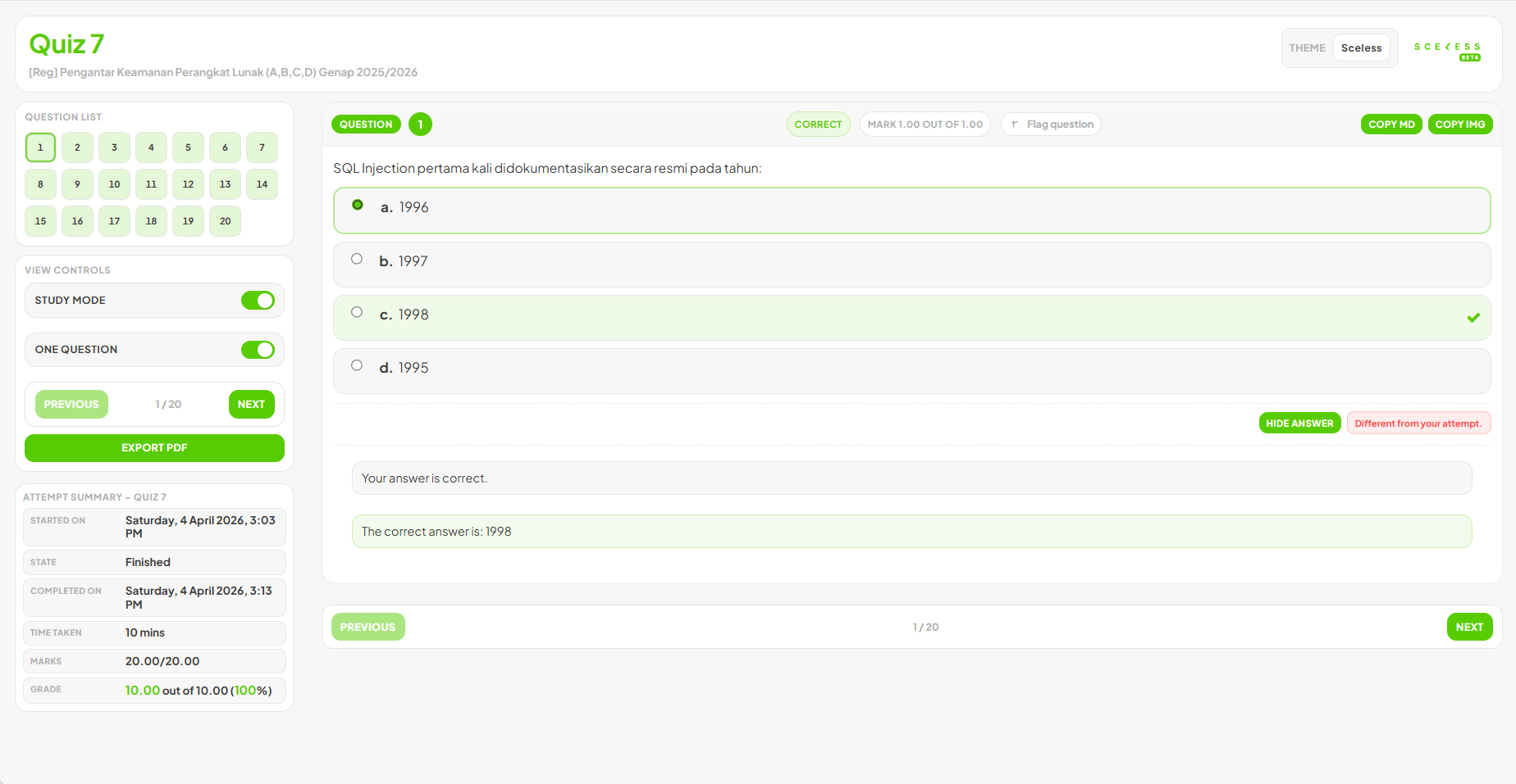 Sceless quiz review in study mode